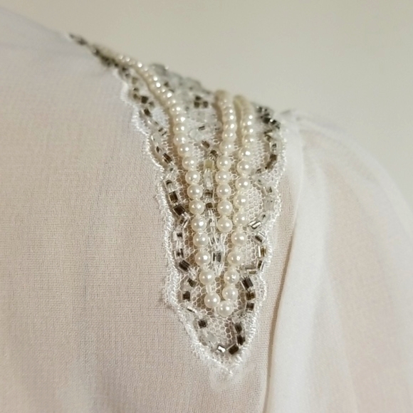 Vintage Victorian Bib Ruffle Beaded Poet Blouse Top Shirt / Sz 6 / Off-white - Picture 9 of 15